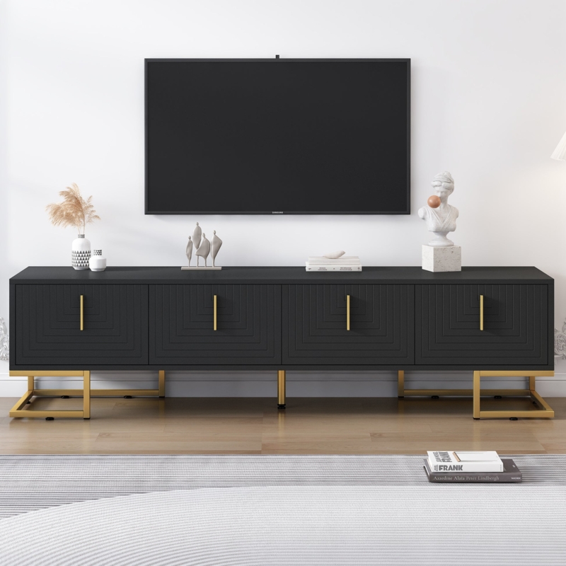 Tv Stand Matte Black with Concentric Rectangular Pattern and Gold Legs