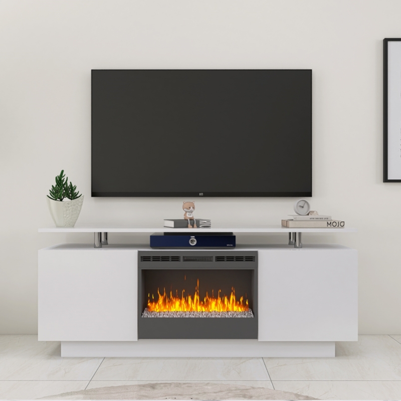 TV Stand Matte White with Floating Top and Handleless Doors