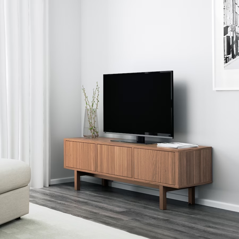 TV Stand Mid Century Walnut Three Doors Handle Free Recessed Base