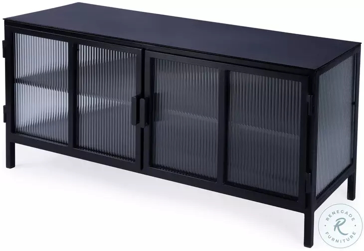 TV Stand Reeded Glass Panels Vertical Handles Industrial Modern
