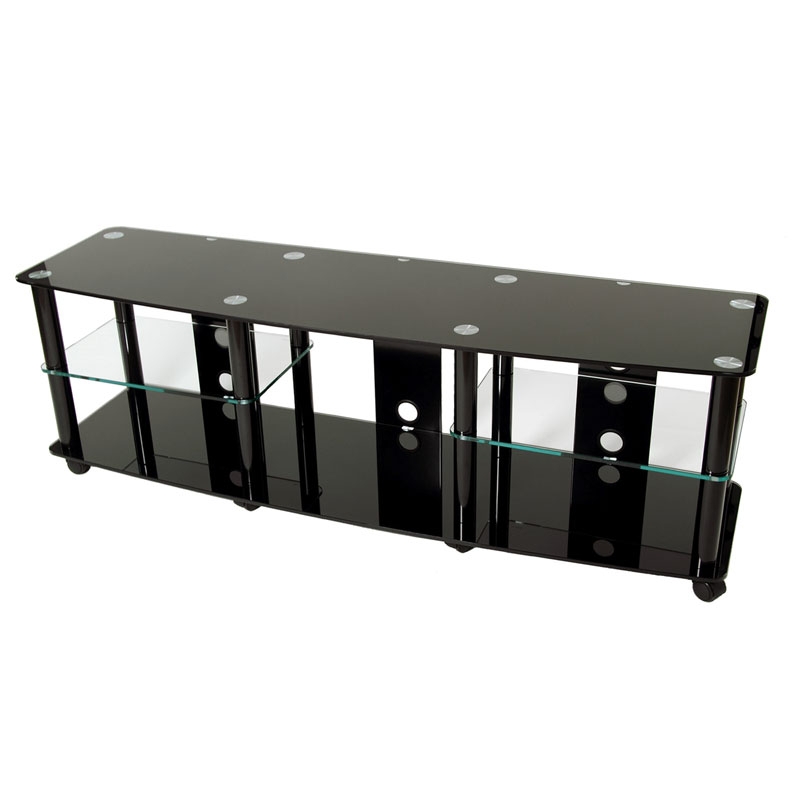 TV Stand Rolling Casters Black Tempered Glass Cable Management