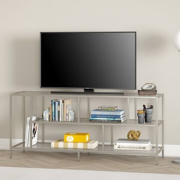 TV Stand Satin Nickel Finish Asymmetric Dividers Contemporary