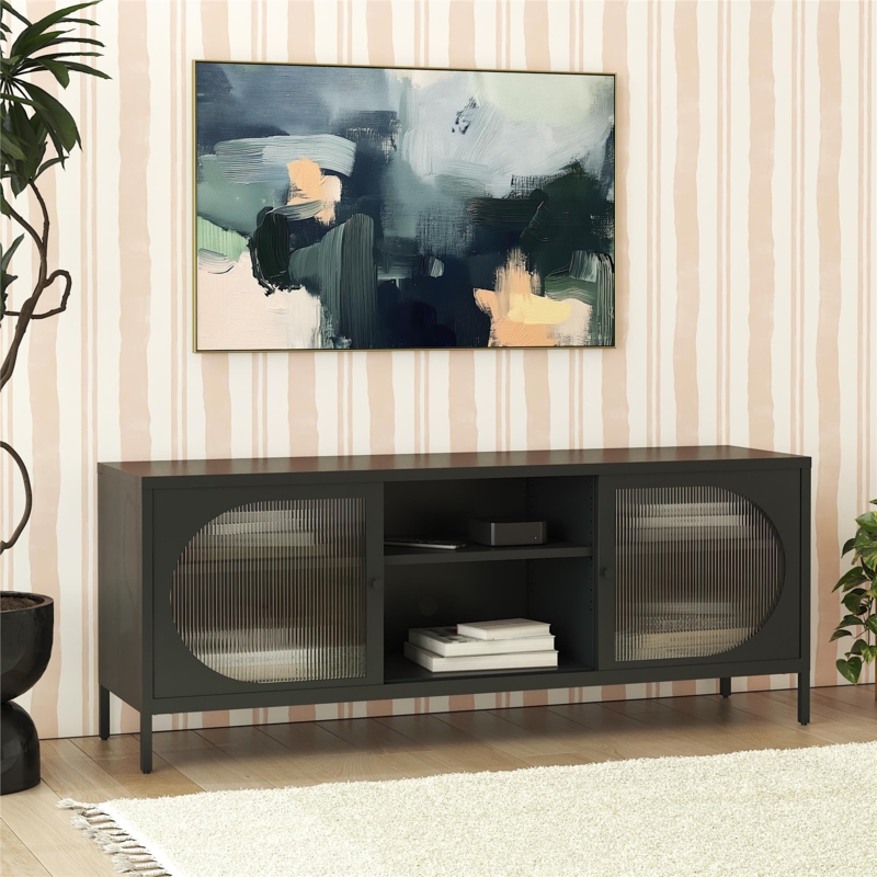 TV Stand Semicircular Fluted Glass Slim Legs Knob Pulls Modern