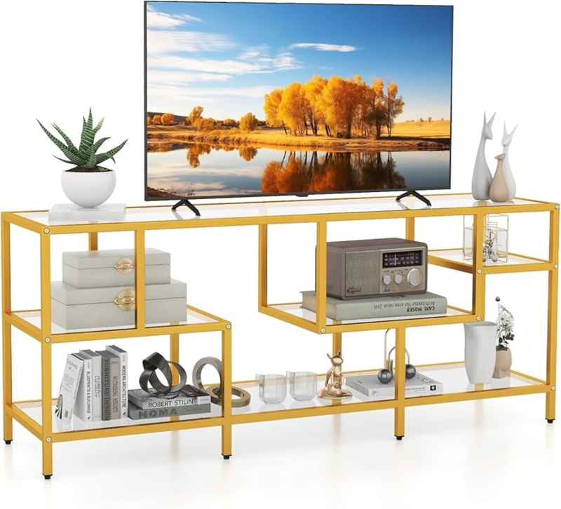 TV Stand Staggered Shelves Geometric Layout Gold Metal Frame
