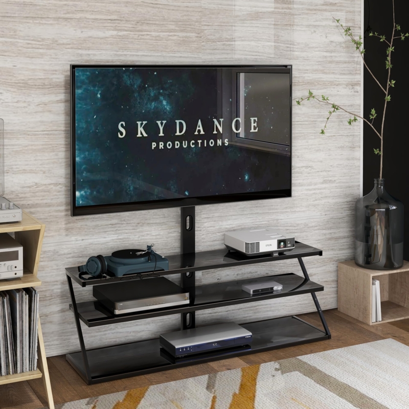 TV Stand Swivel Mount Glossy Shelves Z-Frame Integrated Cable Management