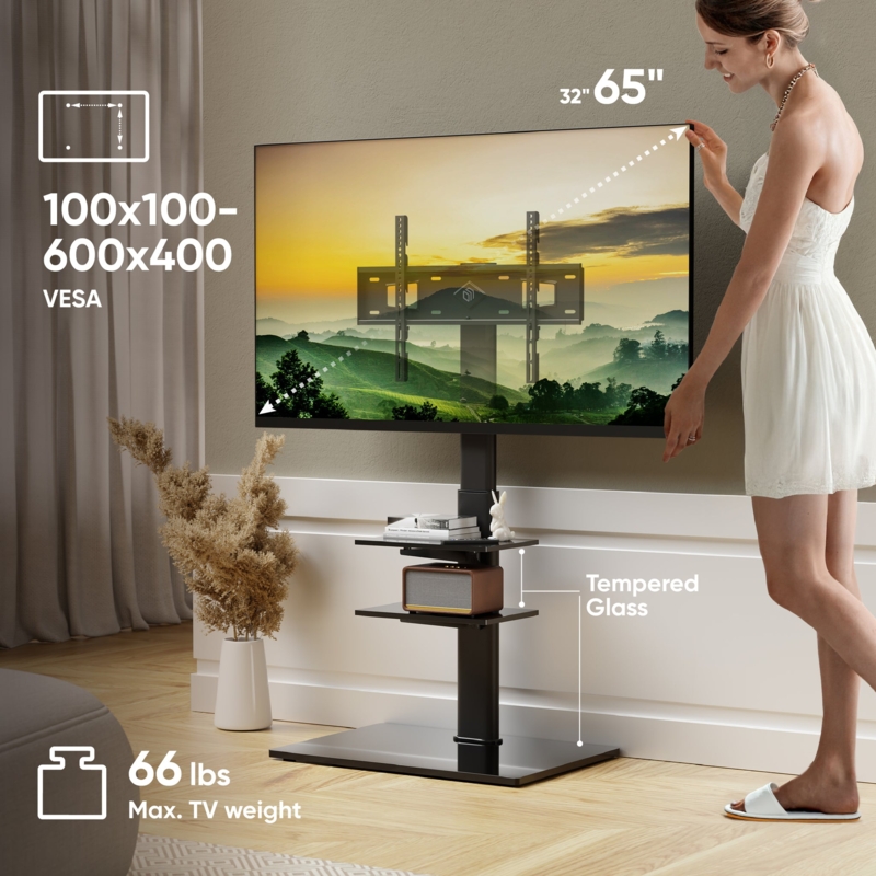 TV Stand Tempered Glass Adjustable Shelves Floor Pedestal Contemporary