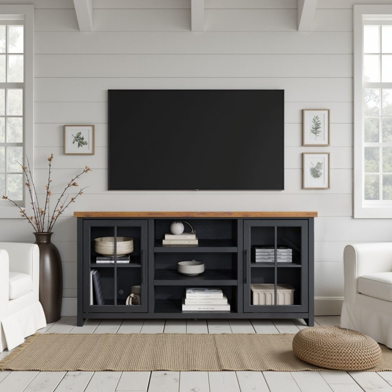 TV Stand Two-Tone Whiskey Top Glass Pane Doors Farmhouse Console