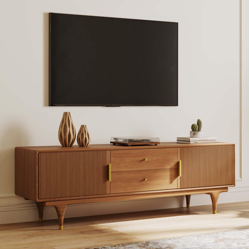 TV Stand Walnut Fluted Doors Gold Accents Tapered Legs Media Console