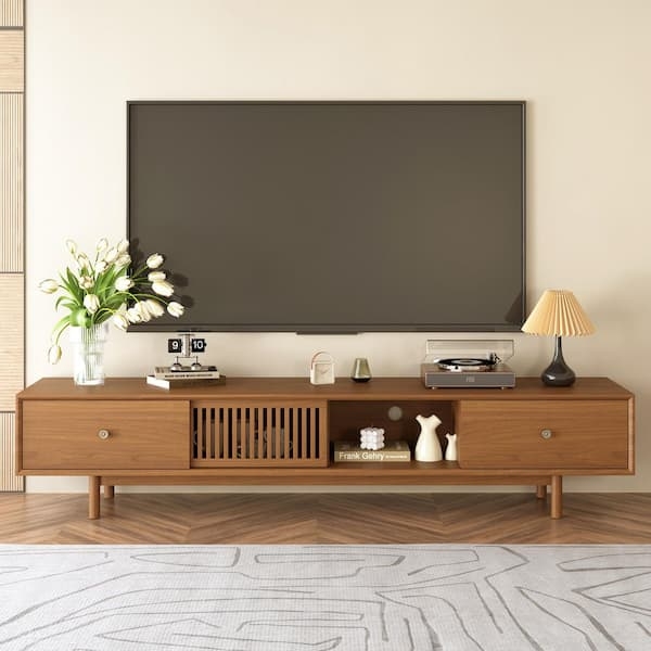 TV Stand Walnut Slatted Sliding Doors Tapered Legs Media Console