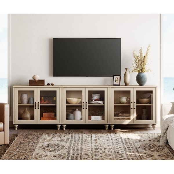 TV Stand Warm Beige Glass Doors Bun Feet Modular Console