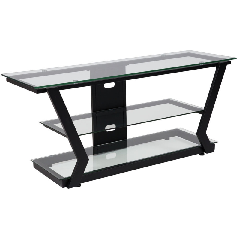 TV Stand Z-Shaped Frame Clear Glass Matte Black Industrial