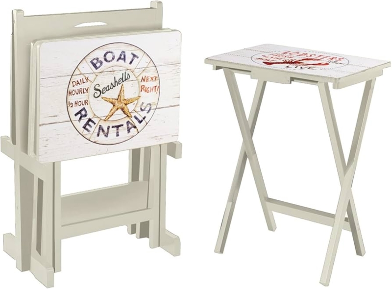 TV Tray Set Lobster Nautical Graphics Distressed Cream Stand Coastal