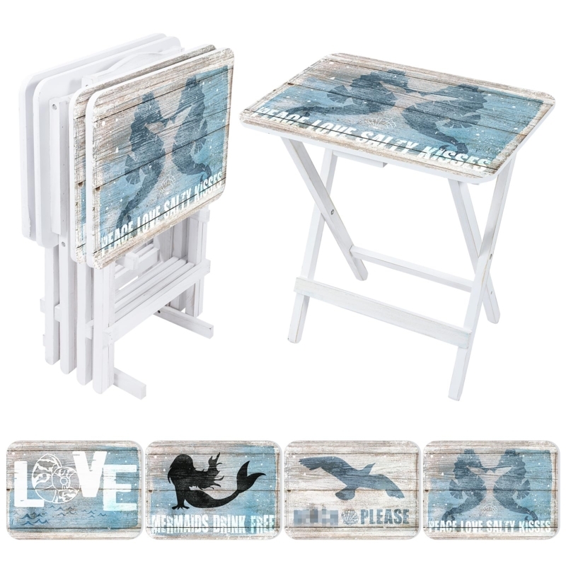 TV Tray Set Mermaid Graphic Salty Kisses Typography Distressed White