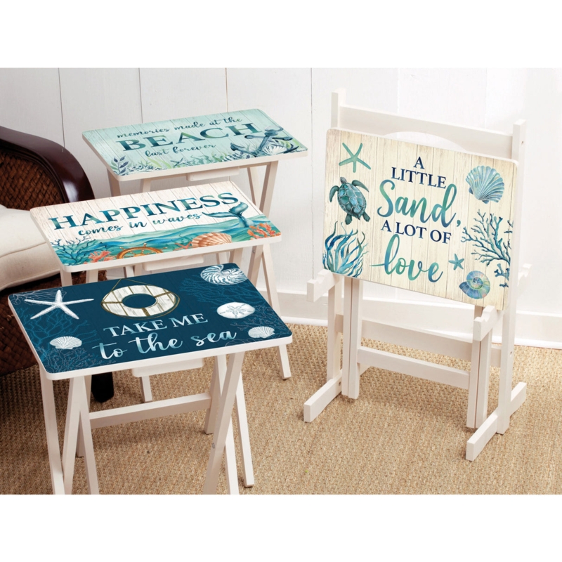 TV Tray Set Sea Creature Illustrations White Finish Storage Rack Coastal