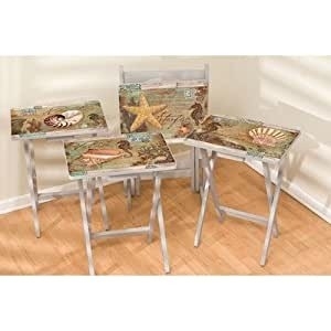 TV Tray Set Seafoam Green Shell Motifs Storage Rack Coastal Cottage