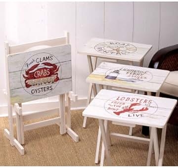 TV Tray Set Seafood Graphics Whitewashed Folding Stand Beach House