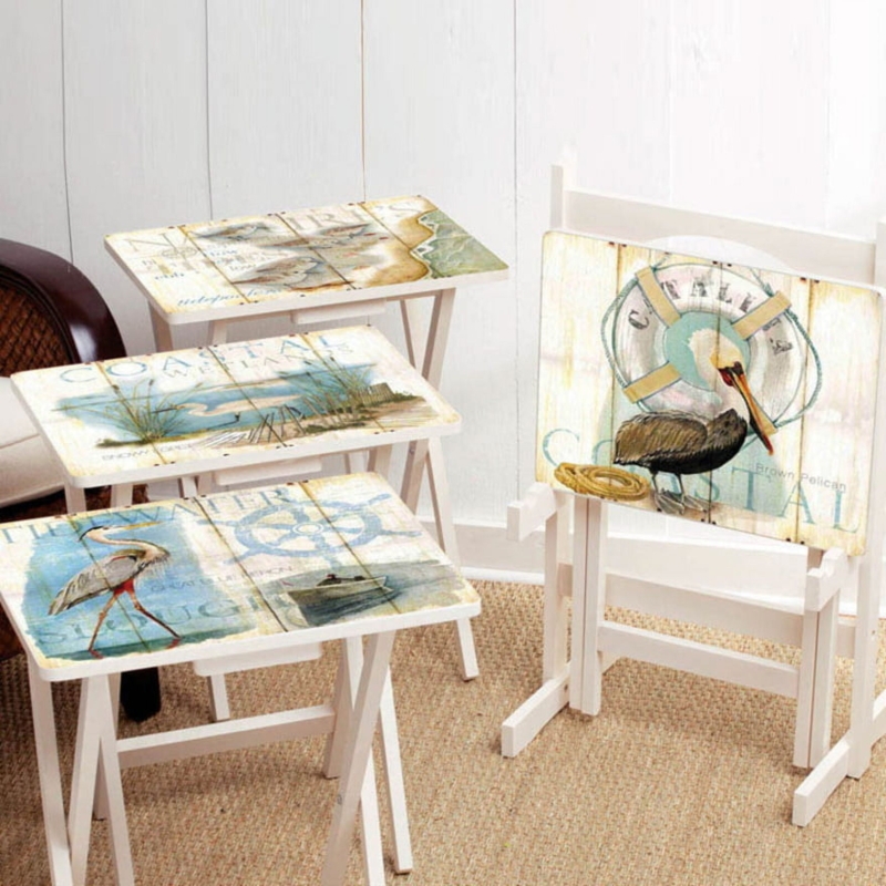 TV Tray Set Shorebird Illustrations Whitewashed X-Frame Stand Beach