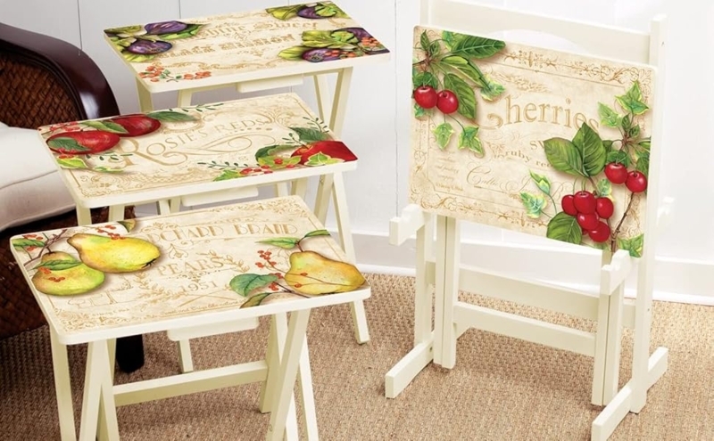 TV Tray Set Vintage Botanical Fruit Illustrations Off-White Stand Farmhouse