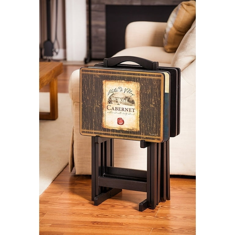 TV Tray Set Wine Label Art Espresso Finish Integrated Stand Rustic