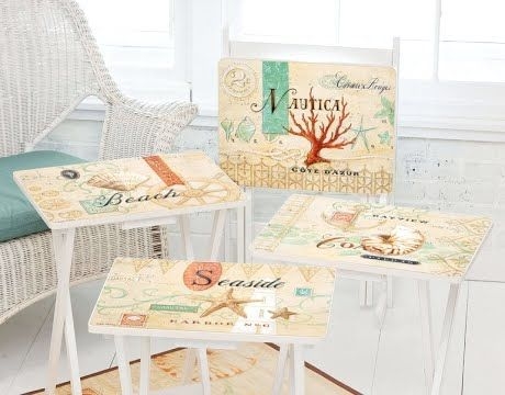 TV Tray Tables Vintage Seaside Typography Coastal Graphics Set of Four