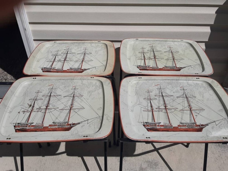 TV Trays Vintage Metal Sailing Ship Graphic Mid Century Folding Set
