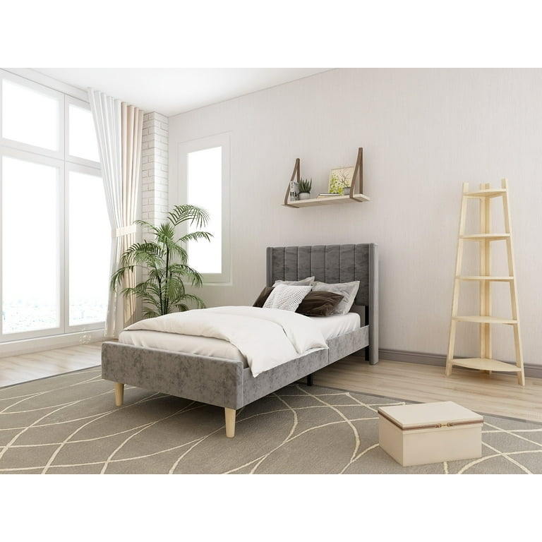 Twin Bed, Dark Grey Velvet Vertical Channeling Low Profile Frame