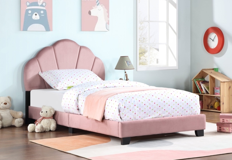 Twin Bed: Dusty Rose Upholstered Scalloped Channel Tufting