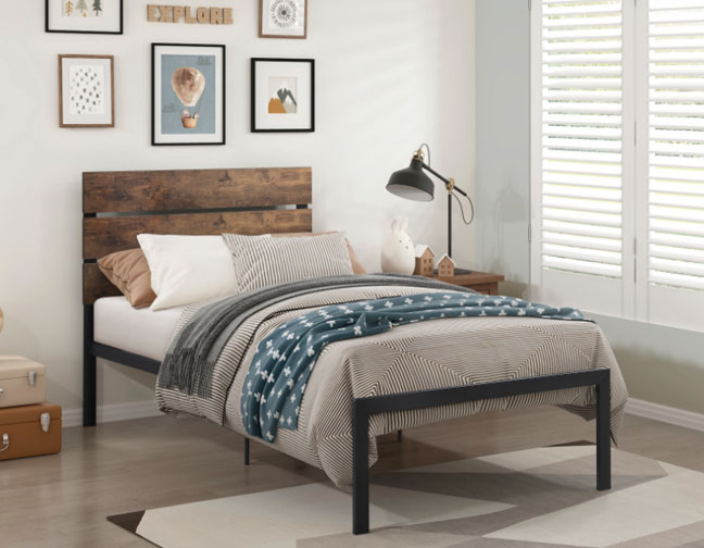 Twin Bed Frame, Industrial Wood and Metal Horizontal Slat Headboard
