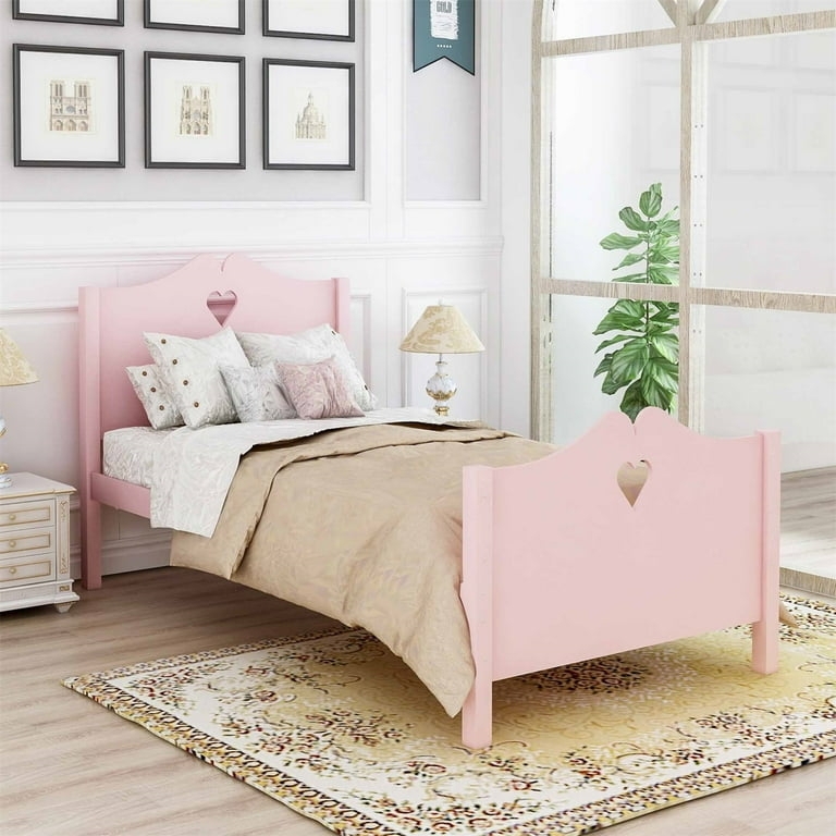 Twin Bed Frame: Pastel Pink Wood with Heart Shaped Cutouts