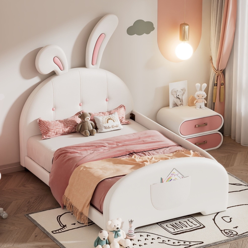Twin Bed: Upholstered Rabbit Ears Headboard & Footboard Pocket