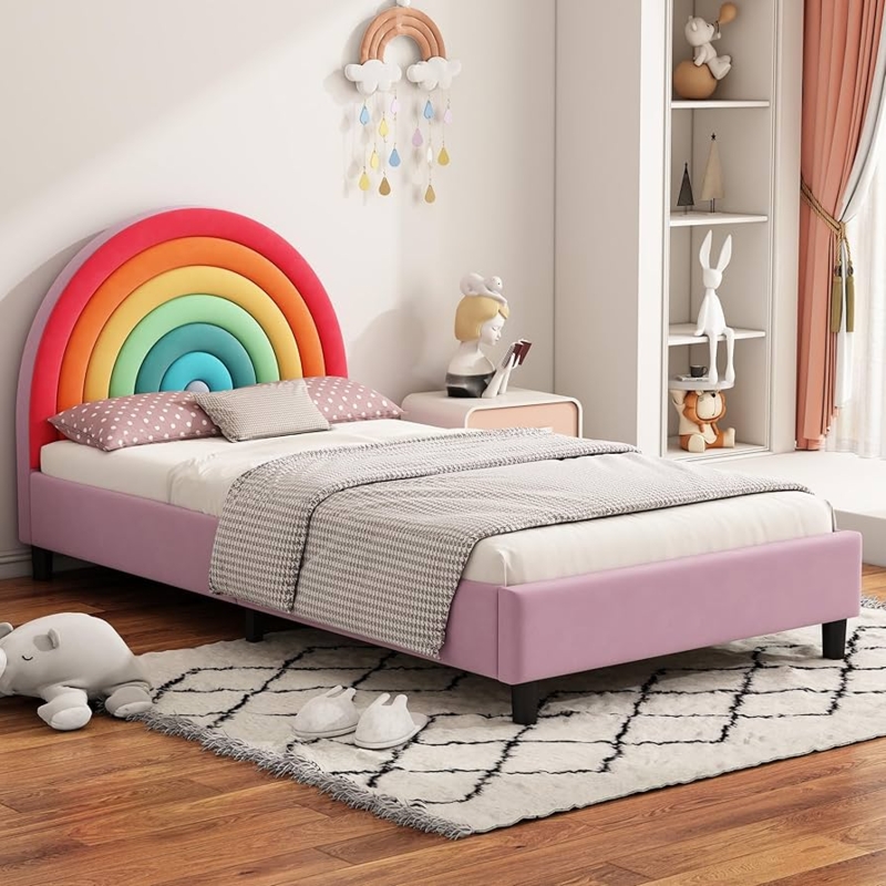 Twin Bed: Upholstered Rainbow Headboard with Channeled Panels