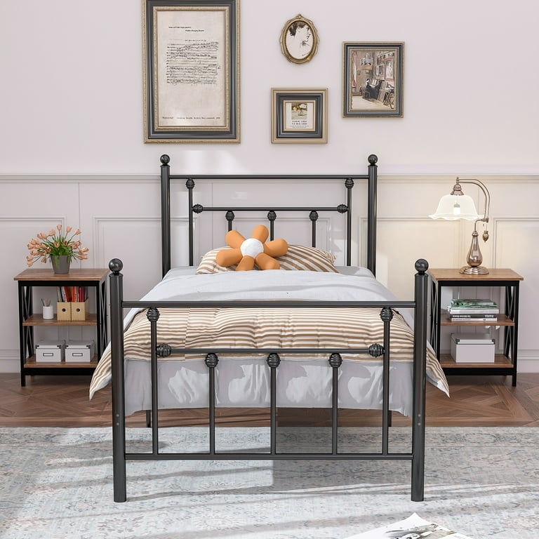 Twin Bedroom Set Spindle Bed Frame Black Metal X-Side Nightstands