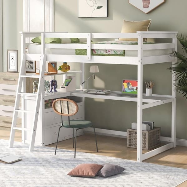 Twin Loft Bed in White with L-Shaped Desk and Rattan Accents