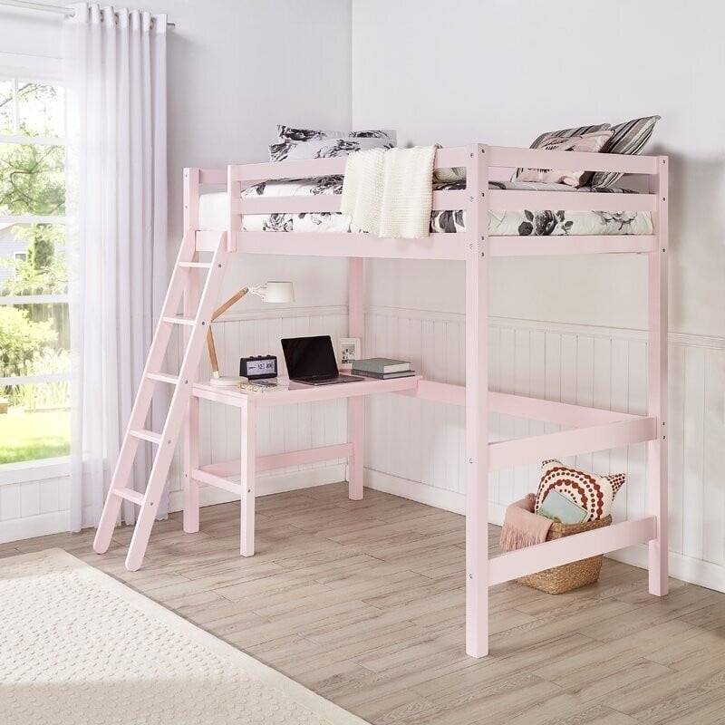 Twin Loft Bed Pastel Pink Painted Wood Angled Ladder Desk