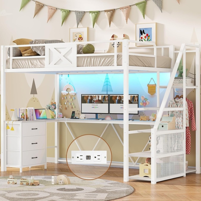 Twin Loft Bed White Metal L Shaped Desk Power Outlet LED