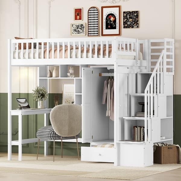 Twin Loft Bed White Wardrobe Desk Staircase Drawers