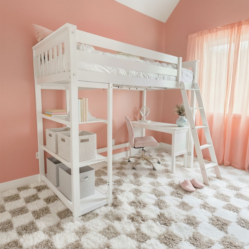 Twin Loft Bed with Integrated Bookcase and Underbed Desk