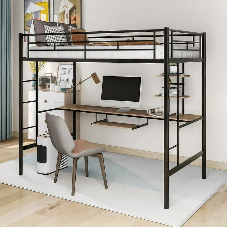 Twin Metal Loft Bed Matte Black with Desk and Side Storage Shelves