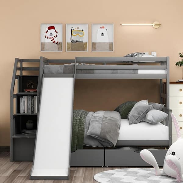 Twin Over Full Bunk Bed Slate Grey Slide Storage Staircase