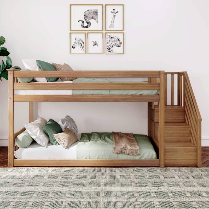 Twin Over Twin Wood Bunk Bed Warm Oak Staircase Entry Organic Style