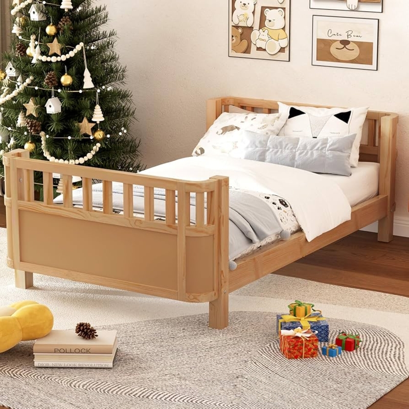 Twin Platform Bed, Natural Wood Low Profile with Slatted Guard Rails