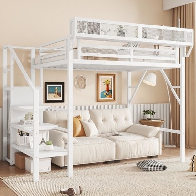 Twin Size Loft Bed with Stairs and Storage Shelves