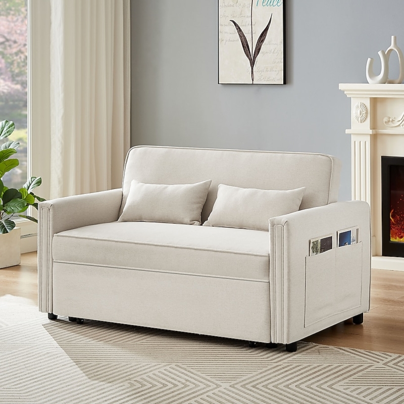 Twin Sleeper Sofa Bed, Ivory White Velvet with Square Track Arms
