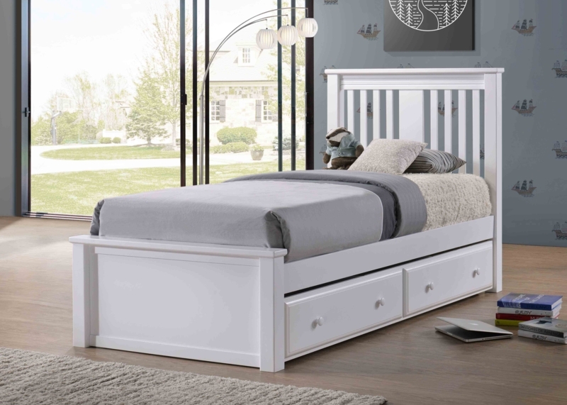 Twin Storage Bed, White Slat Headboard and Low Profile Footboard