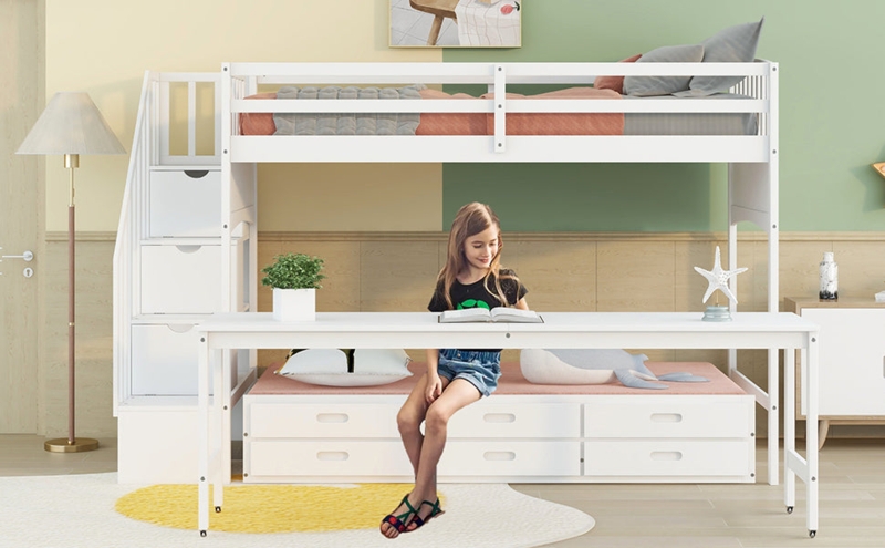 Twin XL Loft Bed with Stairway Storage and Trundle
