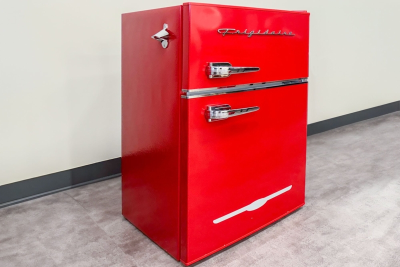 Two-Door Mini Fridge Cherry Red Side Bottle Opener Chrome