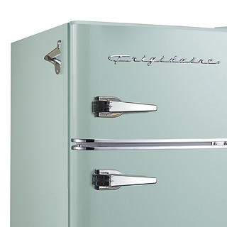 Two-Door Mini Fridge Mint Green Side Bottle Opener Retro Script