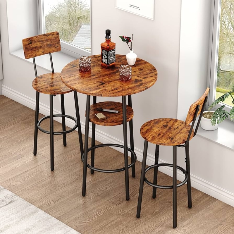 Two-Tier Bar Table Set Distressed Finish Stool Backrests Small Space