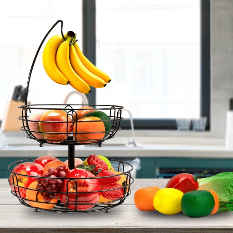 Two Tier Fruit Basket Integrated Banana Hook Wire Industrial