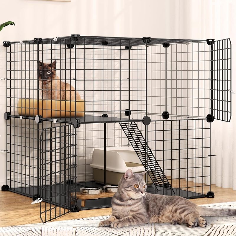 Two Tier Pet Enclosure Matte Black Modular Grid with Ramp
